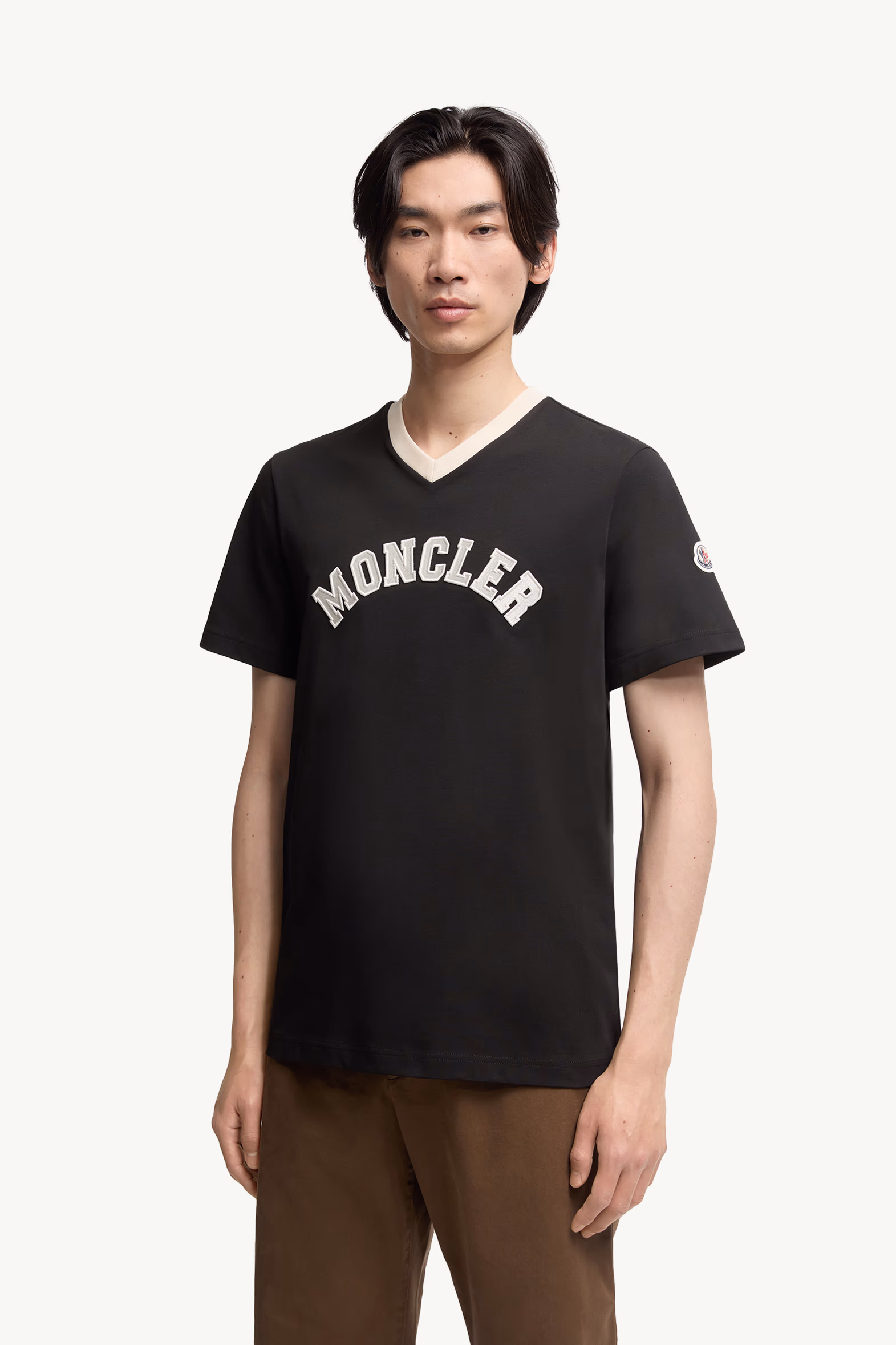 Embroidered Logo Cotton Piquet V-Neck T-Shirt Men Black Moncler 3